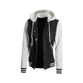 Women's Black and White Hooded Varsity Jacket - Baseball Style